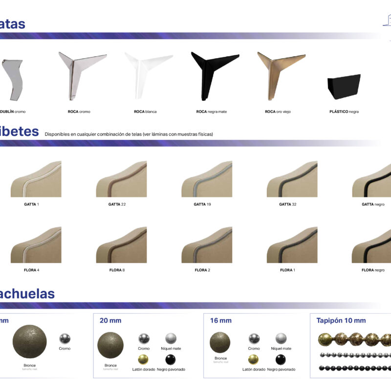 Modelos de patas,ribetes,tachuelas y colores disponibles